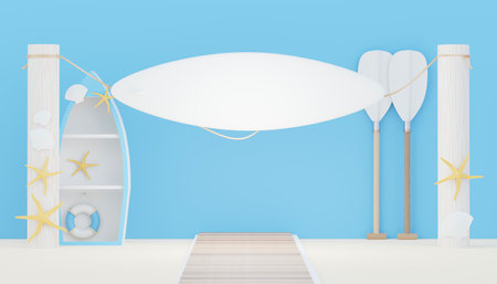 3d render Summer sale podium stand for showing product. Beach Vacations Scene in Summer for mock up.の写真素材