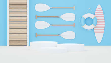 3d render Summer sale podium stand for showing product. Beach Vacations Scene in Summer for mock up.の写真素材