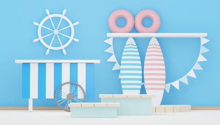 3d render Summer sale podium stand for showing product. Beach Vacations Scene in Summer for mock up.の写真素材