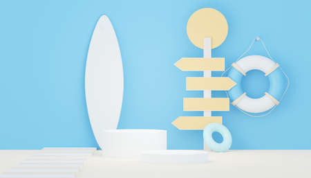 3d render Summer sale podium stand for showing product. Beach Vacations Scene in Summer for mock up.の写真素材