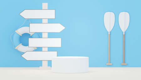 3d render Summer sale podium stand for showing product. Beach Vacations Scene in Summer for mock up.の写真素材