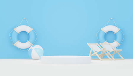 3d render Summer sale podium stand for showing product. Beach Vacations Scene in Summer for mock up.の写真素材
