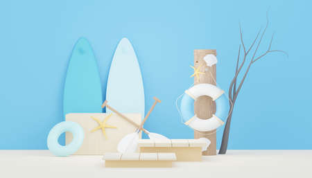 3d render Summer sale podium stand for showing product. Beach Vacations Scene in Summer for mock up.の写真素材