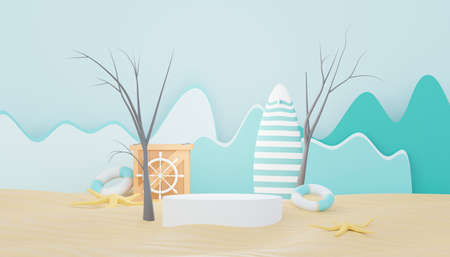 3d render Summer sale podium stand for showing product. Beach Vacations Scene in Summer for mock up.の写真素材