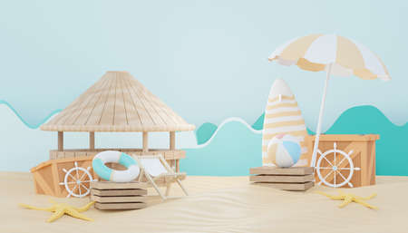 3d render Summer sale podium stand for showing product. Beach Vacations Scene in Summer for mock up.の写真素材