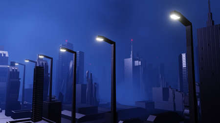 3d render of Cyber punk night city landscape concept. Light glowing on dark scene. Night life. Technology network for 5g. Beyond generation and futuristic of Sci-Fi Capital city and building scene.の写真素材