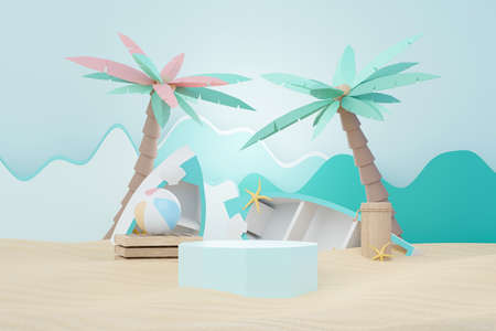 3d render Summer sale podium stand for showing product. Beach Vacations Scene in Summer for mock up.の写真素材