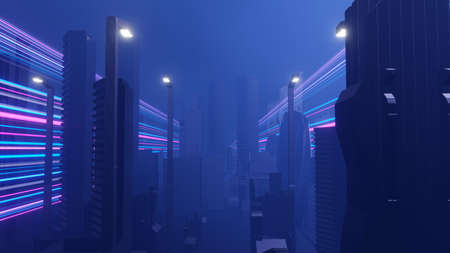 3d render of Cyber punk night city landscape concept. Light glowing on dark scene. Night life. Technology network for 5g. Beyond generation and futuristic of Sci-Fi Capital city and building scene.の写真素材