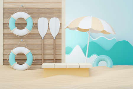 3d render Summer sale podium stand for showing product. Beach Vacations Scene in Summer for mock up.の写真素材