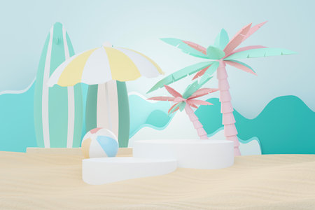3d render Summer sale podium stand for showing product. Beach Vacations Scene in Summer for mock up.の写真素材