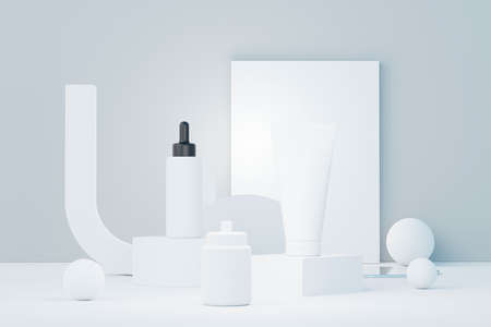 3d render of blank cosmetics skincare product or packaging for mock up. Beauty soap and spa concept. Lotion oil moisture for skin health. Premium and luxury design for branding.の写真素材