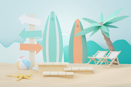 3d render Summer sale podium stand for showing product. Beach Vacations Scene in Summer for mock up.の写真素材