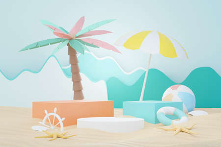 3d render Summer sale podium stand for showing product. Beach Vacations Scene in Summer for mock up.の写真素材