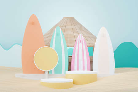 3d render Summer sale podium stand for showing product. Beach Vacations Scene in Summer for mock up.の写真素材