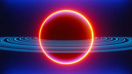3d render of flash neon and light glowing on dark scene. Speed light moving lines.の写真素材
