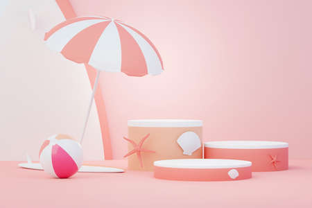 3d render Summer sale podium stand for showing product. Beach Vacations Scene in Summer for mock up.の写真素材