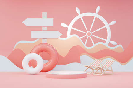 3d render Summer sale podium stand for showing product. Beach Vacations Scene in Summer for mock up.の写真素材