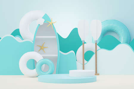 3d render Summer sale podium stand for showing product. Beach Vacations Scene in Summer for mock up.の写真素材