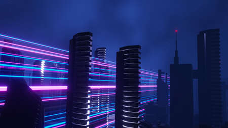 3d render of Cyber night city landscape concept. Light glowing on dark scene. Night life. Technology network for 5g. Beyond generation and futuristic of Sci-Fi Capital city and building scene.の写真素材