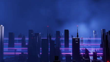 3d render of Cyber punk night city landscape concept. Light glowing on dark scene. Night life. Technology network for 5g. Beyond generation and futuristic of Sci-Fi Capital city and building scene.の写真素材
