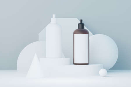 3d render of blank cosmetics skincare product or packaging for mock up. Beauty soap and spa concept. Lotion oil moisture for skin health. Premium and luxury design for branding.の写真素材