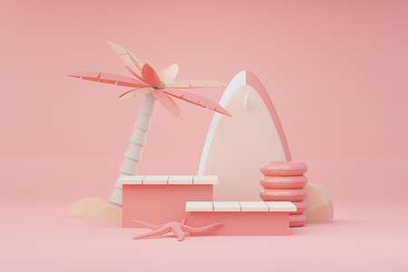 3d render Summer sale podium stand for showing product. Beach Vacations Scene in Summer for mock up.の写真素材