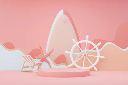 3d render Summer sale podium stand for showing product. Beach Vacations Scene in Summer for mock up.の写真素材