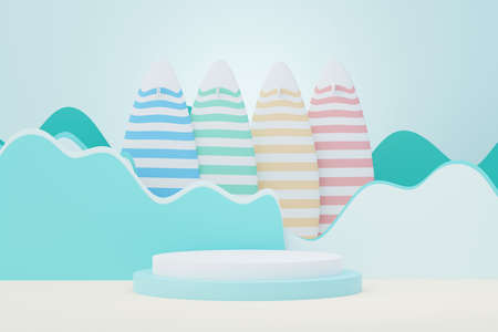 3d render Summer sale podium stand for showing product. Beach Vacations Scene in Summer for mock up.の写真素材