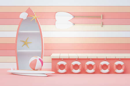 3d render Summer sale podium stand for showing product. Beach Vacations Scene in Summer for mock up.
