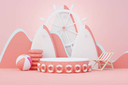 3d render Summer sale podium stand for showing product. Beach Vacations Scene in Summer for mock up.の写真素材