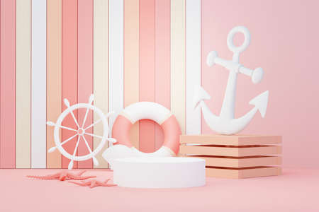 3d render Summer sale podium stand for showing product. Beach Vacations Scene in Summer for mock up.の写真素材