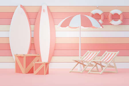 3d render Summer sale podium stand for showing product. Beach Vacations Scene in Summer for mock up.の写真素材