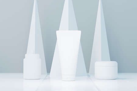 3d render of blank cosmetics skincare product or packaging for mock up. Beauty soap and spa concept. Lotion oil moisture for skin health. Premium and luxury design for branding.の写真素材