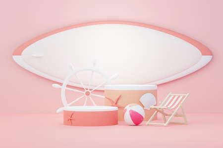 3d render Summer sale podium stand for showing product. Beach Vacations Scene in Summer for mock up.の写真素材
