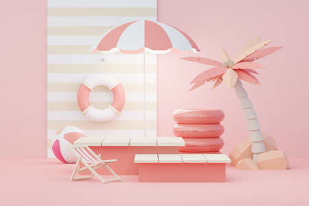 3d render Summer sale podium stand for showing product. Beach Vacations Scene in Summer for mock up.の写真素材