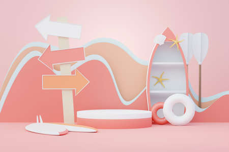 3d render Summer sale podium stand for showing product. Beach Vacations Scene in Summer for mock up.の写真素材