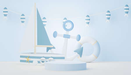 3d render Summer sale podium stand for showing product. Beach Vacations Scene in Summer for mock up.の写真素材