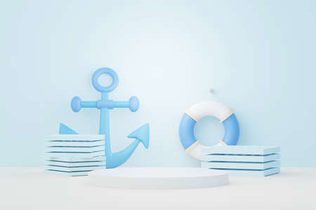 3d render Summer sale podium stand for showing product. Beach Vacations Scene in Summer for mock up.の写真素材