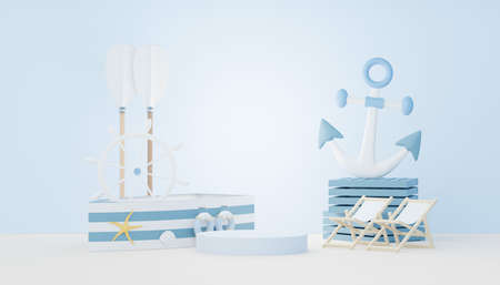 3d render Summer sale podium stand for showing product. Beach Vacations Scene in Summer for mock up.の写真素材