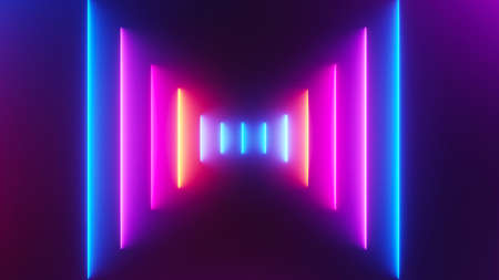 3d render of flash neon and light glowing on dark scene. Speed light moving lines.の写真素材