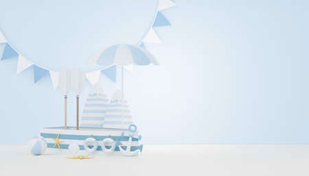 3d render Summer sale podium stand for showing product. Beach Vacations Scene in Summer for mock up.の写真素材