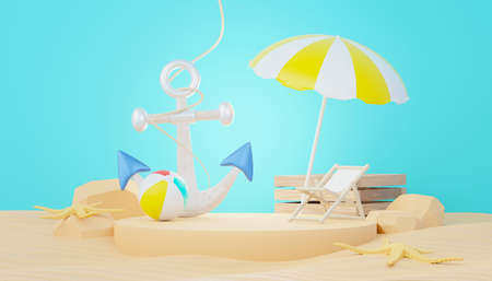3d render Summer sale podium stand for showing product. Beach Vacations Scene in Summer for mock up.の写真素材