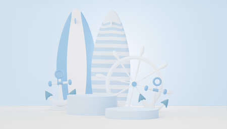 3d render Summer sale podium stand for showing product. Beach Vacations Scene in Summer for mock up.の写真素材