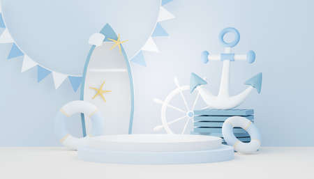 3d render Summer sale podium stand for showing product. Beach Vacations Scene in Summer for mock up.の写真素材