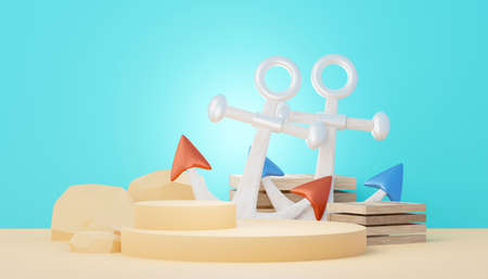 3d render Summer sale podium stand for showing product. Beach Vacations Scene in Summer for mock up.の写真素材