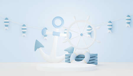 3d render Summer sale podium stand for showing product. Beach Vacations Scene in Summer for mock up.の写真素材