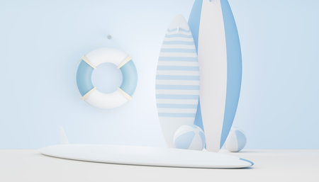 3d render Summer sale podium stand for showing product. Beach Vacations Scene in Summer for mock up.の写真素材