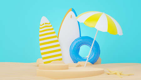 3d render Summer sale podium stand for showing product. Beach Vacations Scene in Summer for mock up.の写真素材