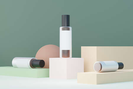 3d render of blank cosmetics skincare product or packaging for mock up. Beauty soap and spa concept. Lotion oil moisture for skin health. Premium and luxury design for branding.の写真素材