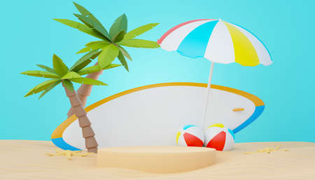 3d render Summer sale podium stand for showing product. Beach Vacations Scene in Summer for mock up.の写真素材